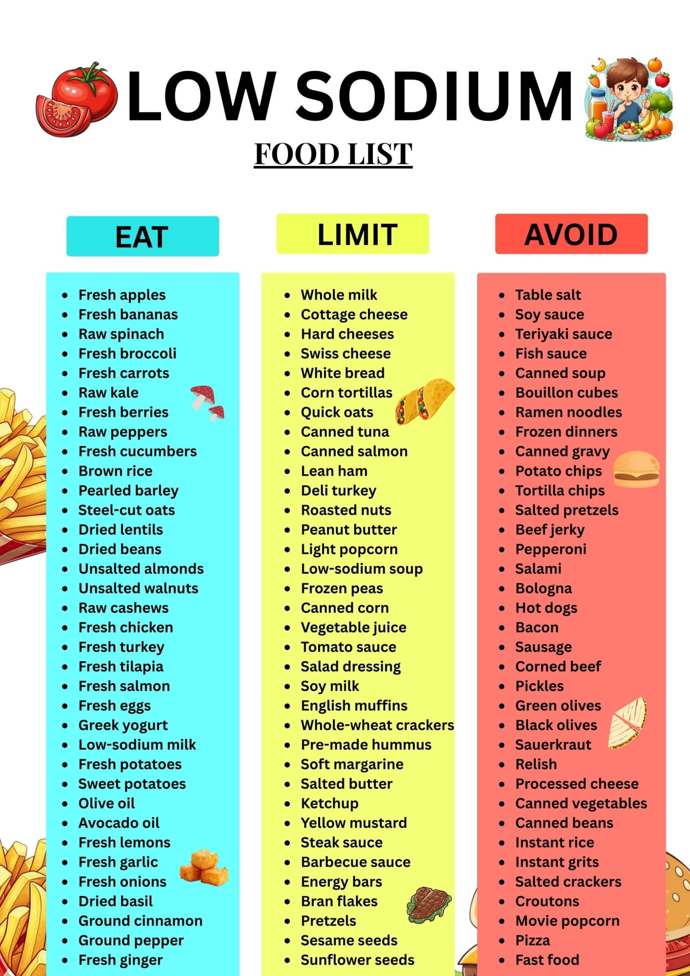Low Sodium Food List Low Salt Diet Plan Chart Poster Grocery List Hypertension Hypertension ...