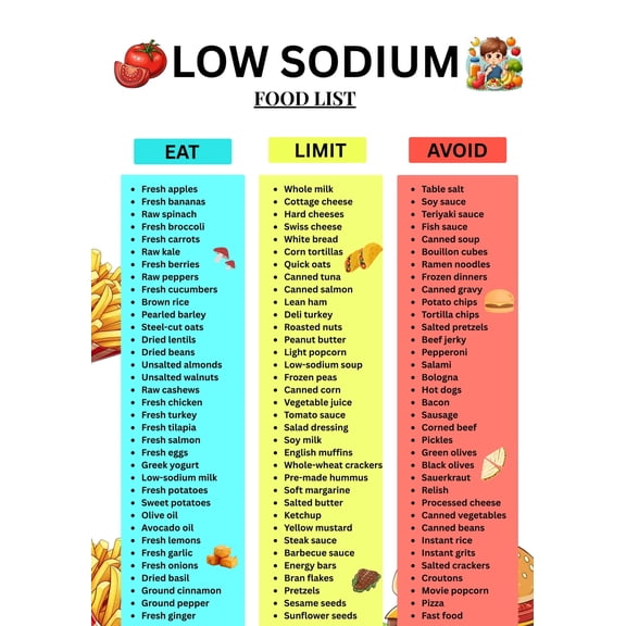 Low Sodium Food List Low Salt Diet Plan Chart Poster Grocery List Hypertension Hypertension Stroke Diabetes Guide Poster