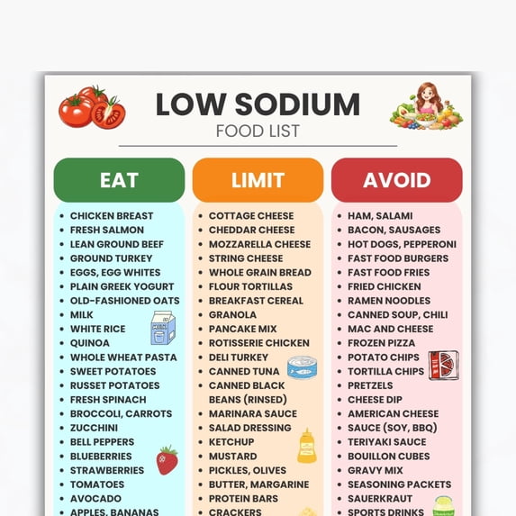 Low Sodium Food List Poster, Low Salt Diet Grocery List Poster, High ...