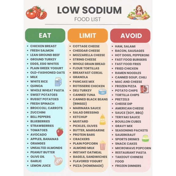 Low Sodium Food List Poster, Low Salt Diet Grocery List Poster, High Blood Pressure Diet Plan Poster, High Blood Pressure Food Chart Poster