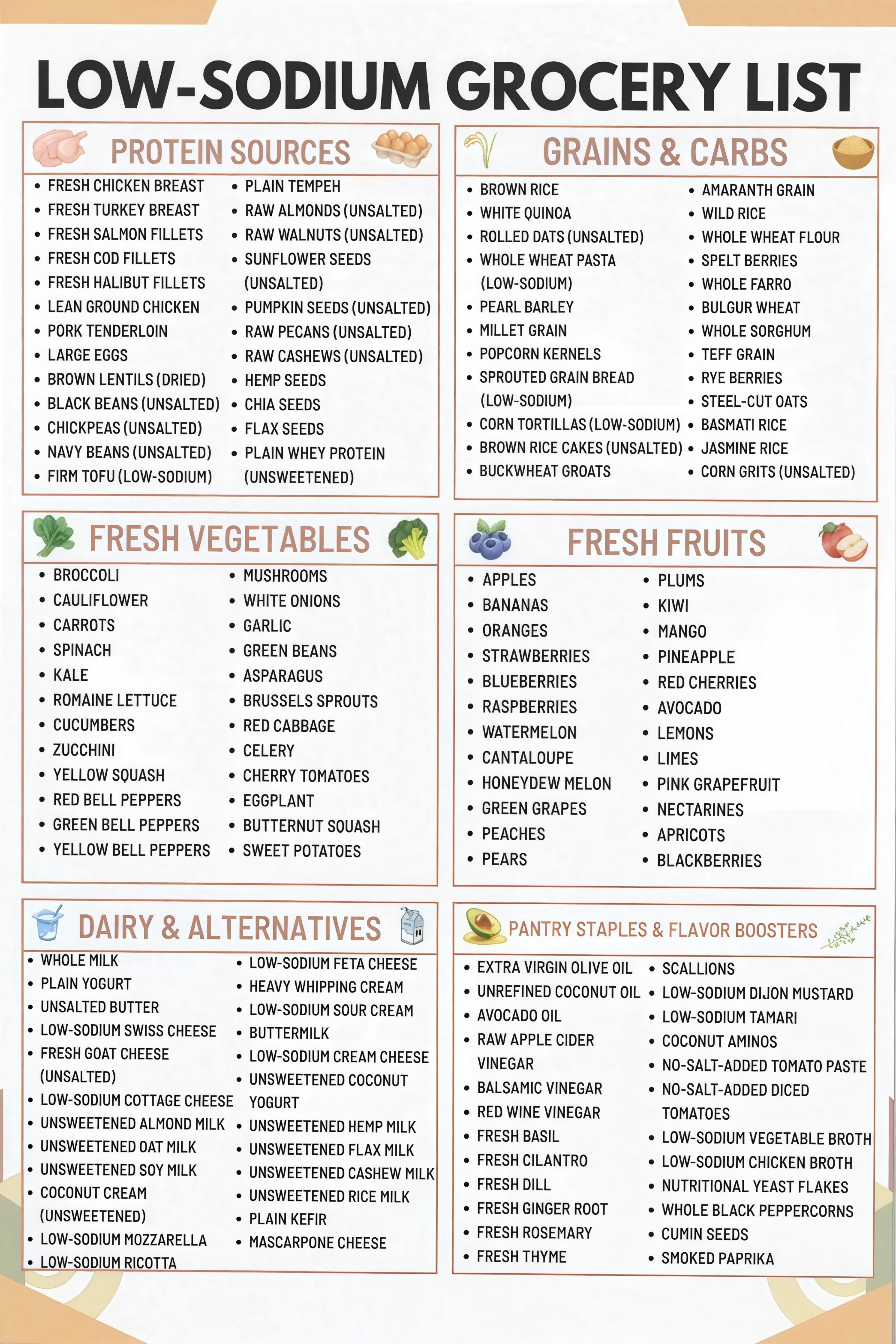 Low Sodium Grocery List Chart for Kitchen Meal Preparation Reference ...