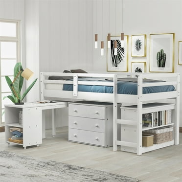 Low Study Twin Loft Bed, Twin Sized Bed with Cabinet and Rolling Portable Desk, Solid Pine Wood Loft Bed with Full Length Safety Guardrails, Built-in Three Rung Ladder, White
