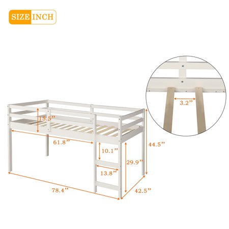 Low Study Twin Loft Bed with Cabinet and Rolling Portable Desk White