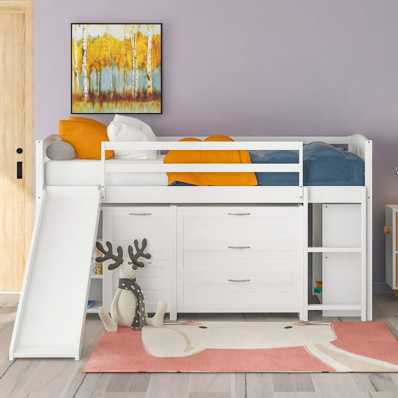 Low Study Twin Loft Bed with Cabinets, Shelves and Slide Low Study Loft Bed