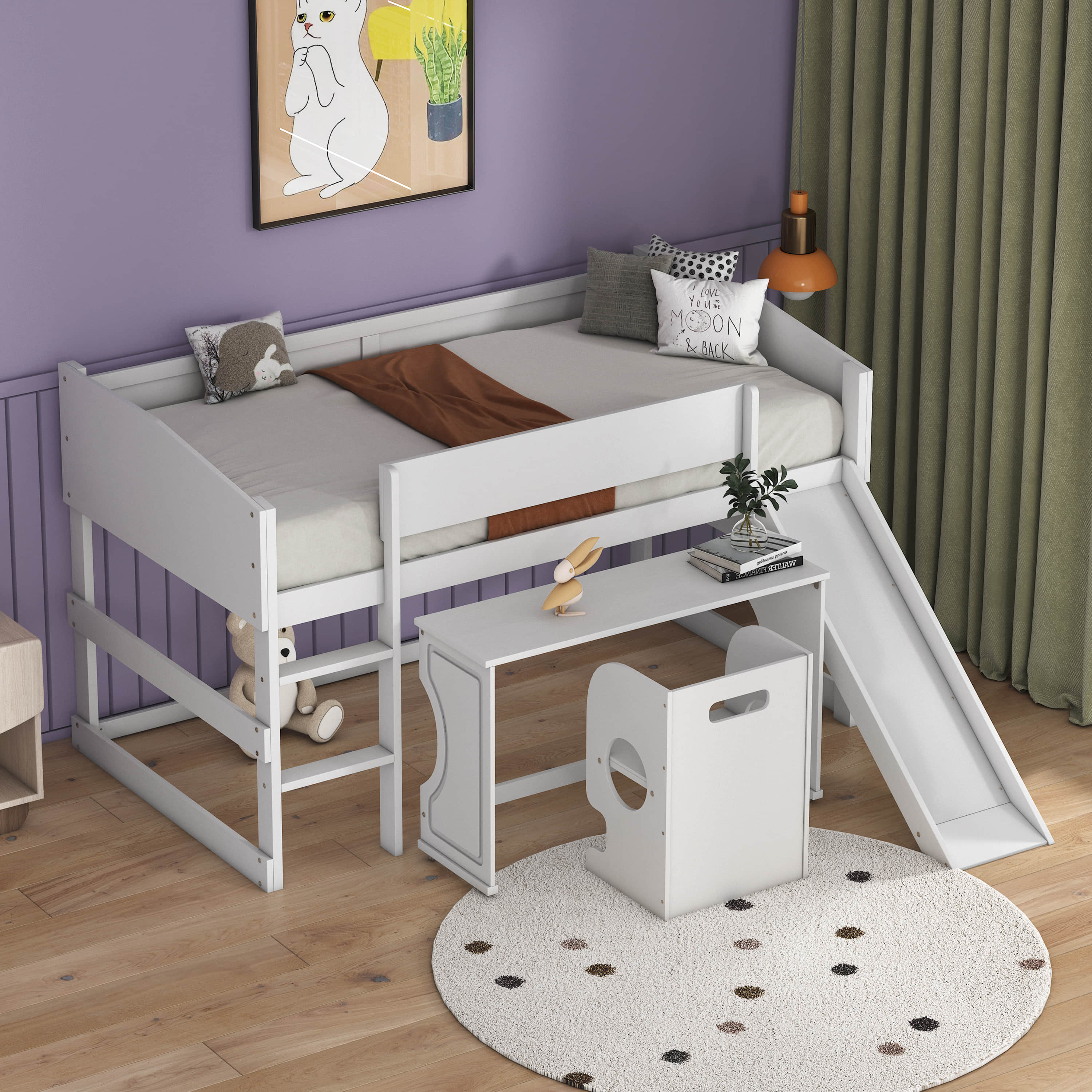 Low Study Twin Loft Bed with Rolling Portable Desk and Chair