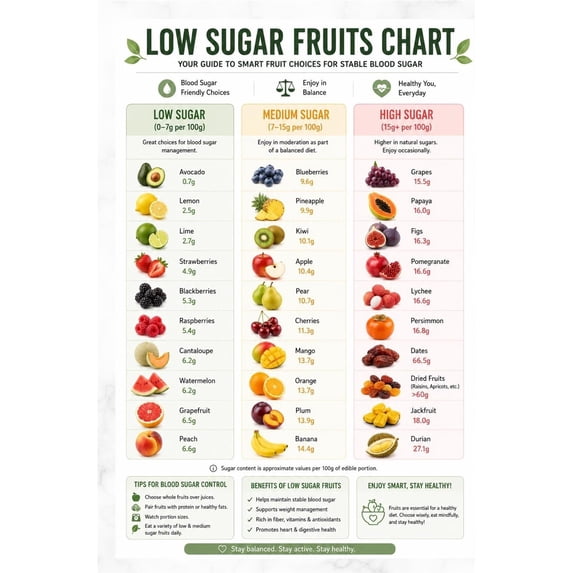 Practical Chart Low Sugar Fruit Poster Sugar Content Guide Chart, Practical reference ...