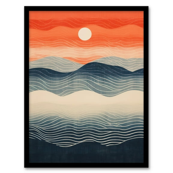 Low Sun High Tide Blue Orange Seascape Art Print Framed Poster Wall Decor 12x16 inch