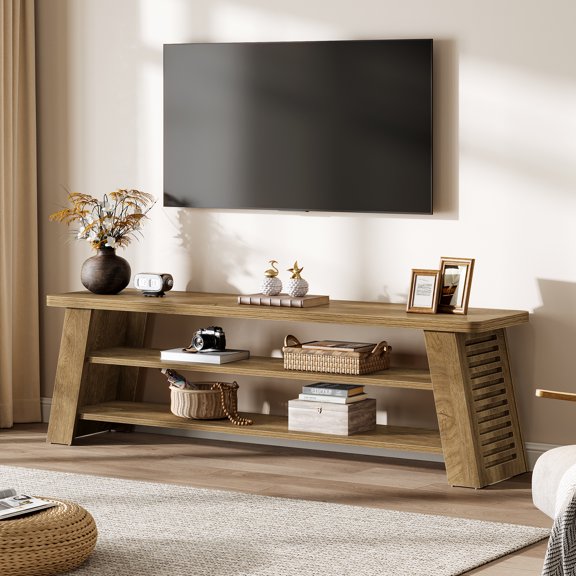 Low TV Stand for Up to 60 Inch TVs, 3-Tier Farmhouse Media Console with Open Storage Shelves, Rustic Entertainment Center for Living Room, Bedroom