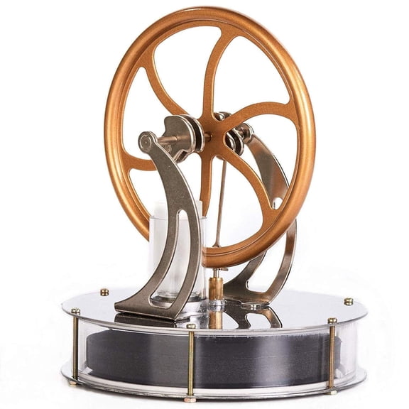 Low Temperature Stirling Engine Model, Heat Powered Desktop Mechanical Engine with Stainless Steel Base, Glass Cylinder & Zinc Alloy Flywheel for Physics Demonstration & Adult Scientific Display
