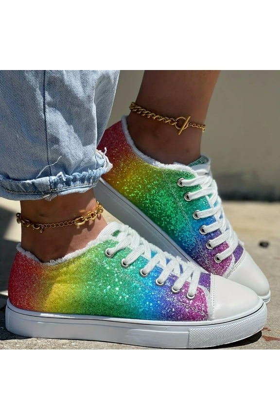 Low - Top Canvas Sneakers with Rainbow Glitter Design. Stylish Casual Shoes featuring White Laces