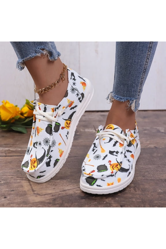 Low Top Casual Daily Sneakers, Women Harvest Festival Walking Shoes, Women Halloween Pumpkin Spider Web Print Canvas Slip On Lace Up Low Top Casual Fall Walking Shoes, White 6