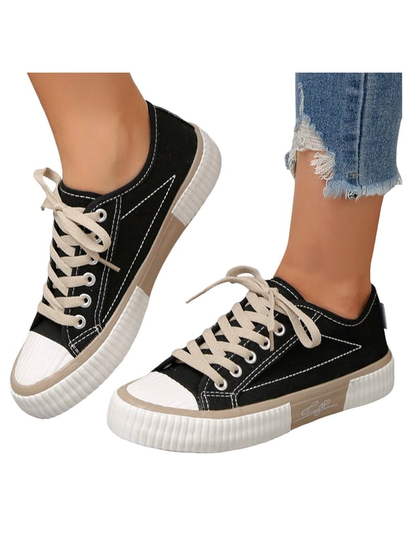 Low Top Fashion Sneakers for Women Girls Platform Canvas Tennis Walking Shoes White Casual Flats