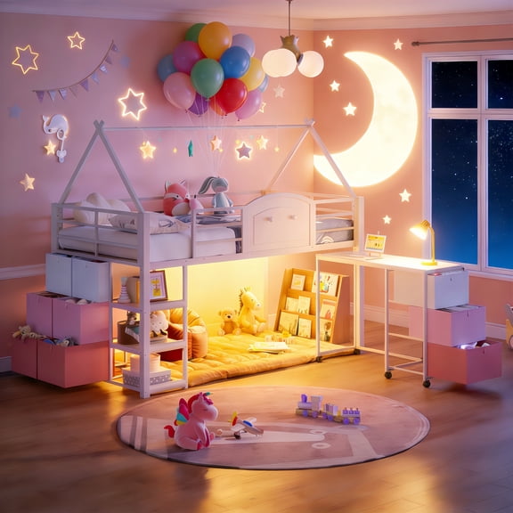 Low Twin Loft Bed with Movable Desk & 9 Storage Drawers LED Lighting Canopy House Bed with Storage Shelves Stairs, Pink Space Saving