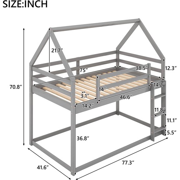 Low Twin Over Twin Bunk Bed with House Frame,