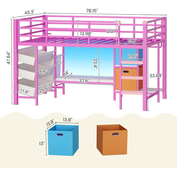 Low Twin Size Loft Bed with Reading Corner and Bookshelf, Metal Twin Loft Bed with LED Lights, 3 Sling Drawers & 2 Movable Storage Bins, Pink