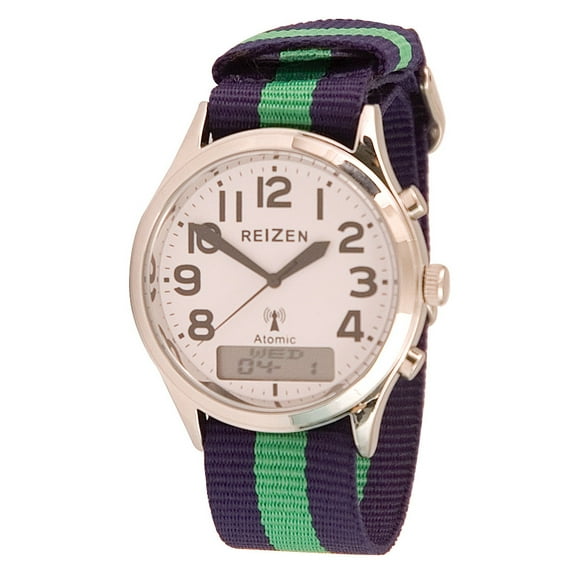 Low-Vision Ana-Digit Atomic Watch - Green-Blue Striped Band