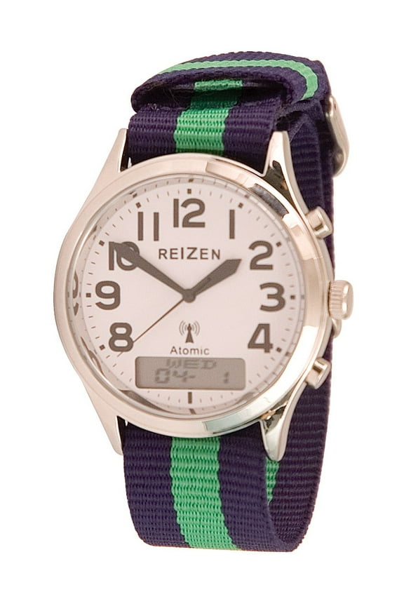 Low-Vision Ana-Digit Atomic Watch - Green-Blue Striped Band