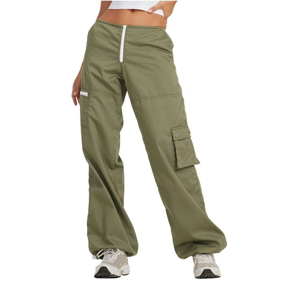 Low Waist Cargo Pants Women Relax Fit Baggy Parachute Pants Zipper Multi-pocket Wide Leg Cargo Pants Bootcut Trousers