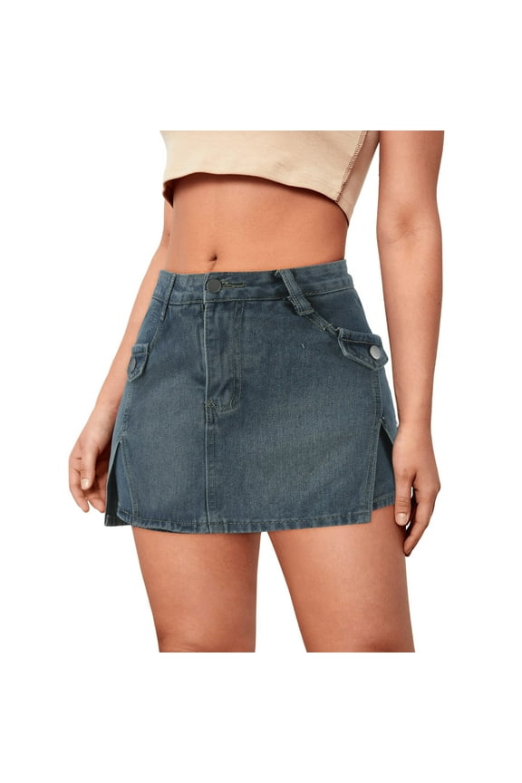 Low Waist Cargo Skirt Women Button Mini Cargo Denim Skirt With Pocket plus Size Mini Skirt Denim Skirt for Women Long Jean Skirt Ballet Skirt for Girls 4-6 Bohemian Skirt Skater Skirts Western Skirt
