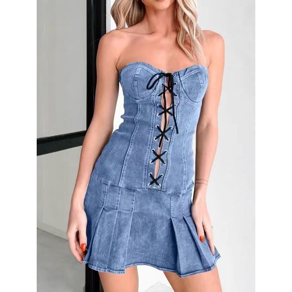Low Waist Rope Tube Top Denim Dress Women