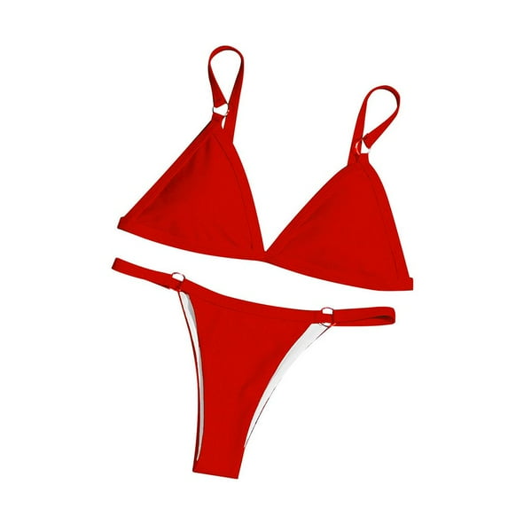 Low Waist Woman Girl Sexy Metal Buckle Solid Color Split Swimwear Swimsuit Two Piece Bikini Set RED XL
