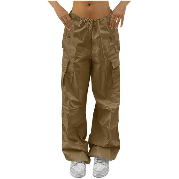 Low Waisted Cargo Pants for Women Baggy Drawstring Trousers with Pockets Parachute Pants Khaki L