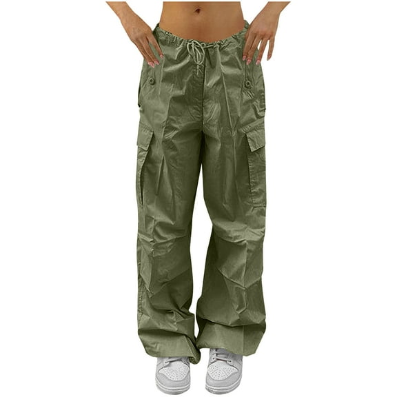 Low Waisted Cargo Pants for Women Baggy Drawstring Trousers with Pockets Parachute Pants Olive Green S