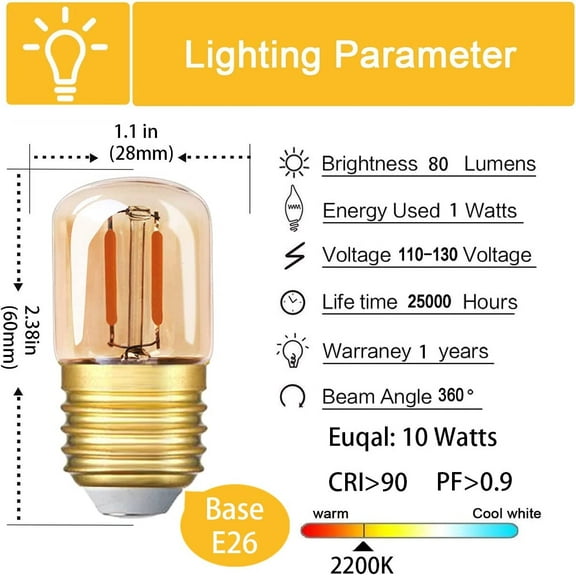 Low Wattage LED Light Bulb 10W Equivalent 1W E26 Mini Dim Edison Bulb Replacement Vintage Refrigerator Freezer Decorative Amber Glass Night Light Bulbs,Warm White 2200k,80LM, 6 Pack