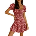 thumbnail image 1 of Low Wide Neck Women Short Sleeve Flower Printing Elastic Bohemian Mini Dress, 1 of 2