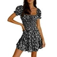 thumbnail image 1 of Low Wide Neck Women Short Sleeve Flower Printing Elastic Bohemian Mini Dress, 1 of 2