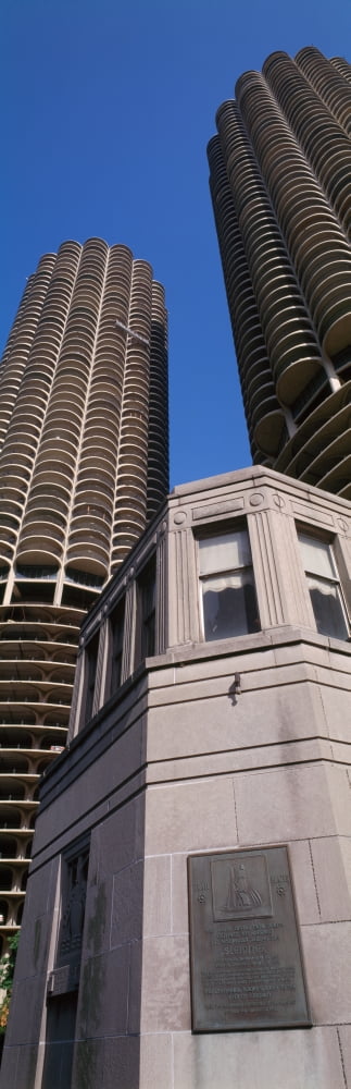 Low angle view of Marina Towers with Chicago River drawbridge control tower Chicago Cook County Illinois USA Canvas Art - Panoramic Images (36 x 12)