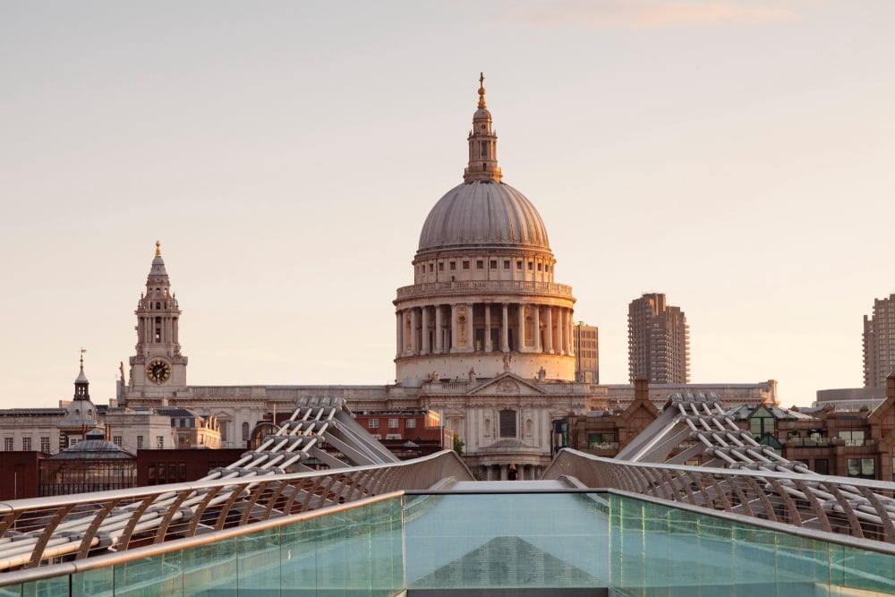 Low angle view of St Pauls Cathedral Millennium Bridge London England Canvas Art - Panoramic Images (27 x 9)