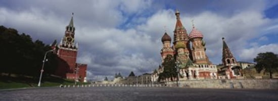 Low angle view of a cathedral St Basils Cathedral Spasskaya Tower Kremlin Moscow Russia Canvas Art - Panoramic Images (36 x 13)
