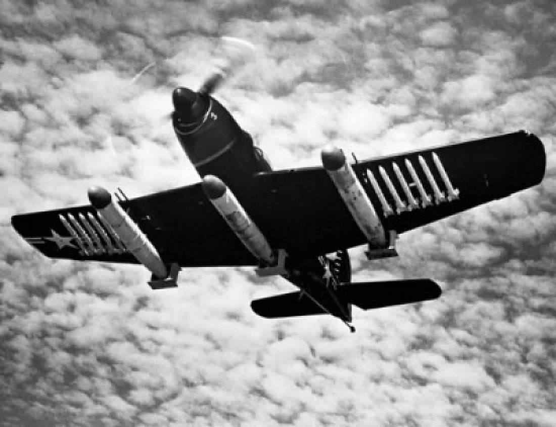 Low angle view of a fighter plane carrying missiles in flight Martin AM-1 Mauler US Navy Canvas Art -  (18 x 24)