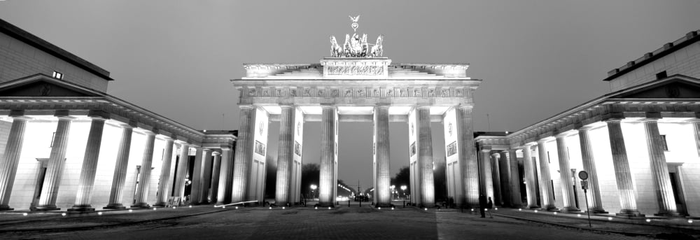 Low angle view of a gate lit up at dusk Brandenburg Gate Berlin Germany Canvas Art - Panoramic Images (13 x 36)