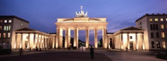 Low angle view of a gate lit up at night Brandenburg Gate Berlin Germany Canvas Art - Panoramic Images (36 x 13)