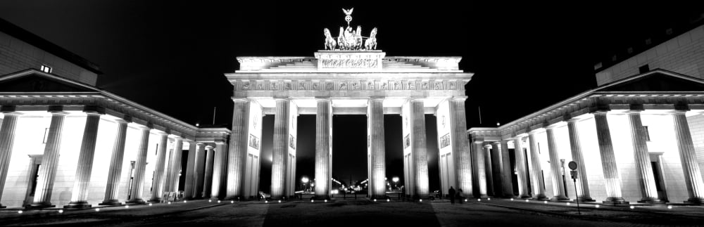 Low angle view of a gate lit up at night Brandenburg Gate Berlin Germany Canvas Art - Panoramic Images (6 x 18)