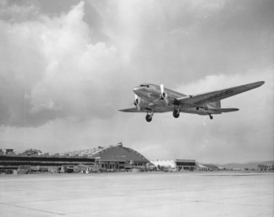Low angle view of a military airplane landing Douglas DC-3 Canvas Art - (18 x 24)