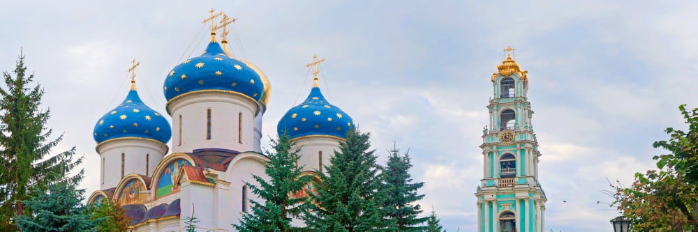 Low angle view of a monastery Trinity Lavra of St Sergius Sergiyev Posad Moscow Russia Canvas Art - Panoramic Images (27 x 9)