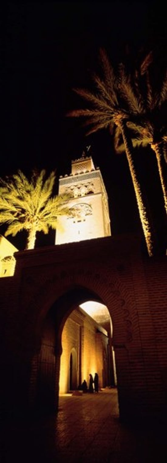 Low angle view of a mosque lit up at night Koutoubia Mosque Marrakesh Morocco Canvas Art - Panoramic Images (36 x 13)