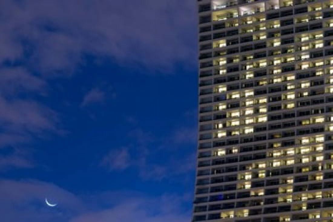 Low angle view of a shopping centre with crescent moon at dusk Marina Bay Sands Singapore Canvas Art - Panoramic Images (36 x 24)