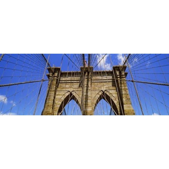 Low angle view of a suspension bridge, Brooklyn Bridge, New York City, New York State, USA Poster Print (18 x 7)