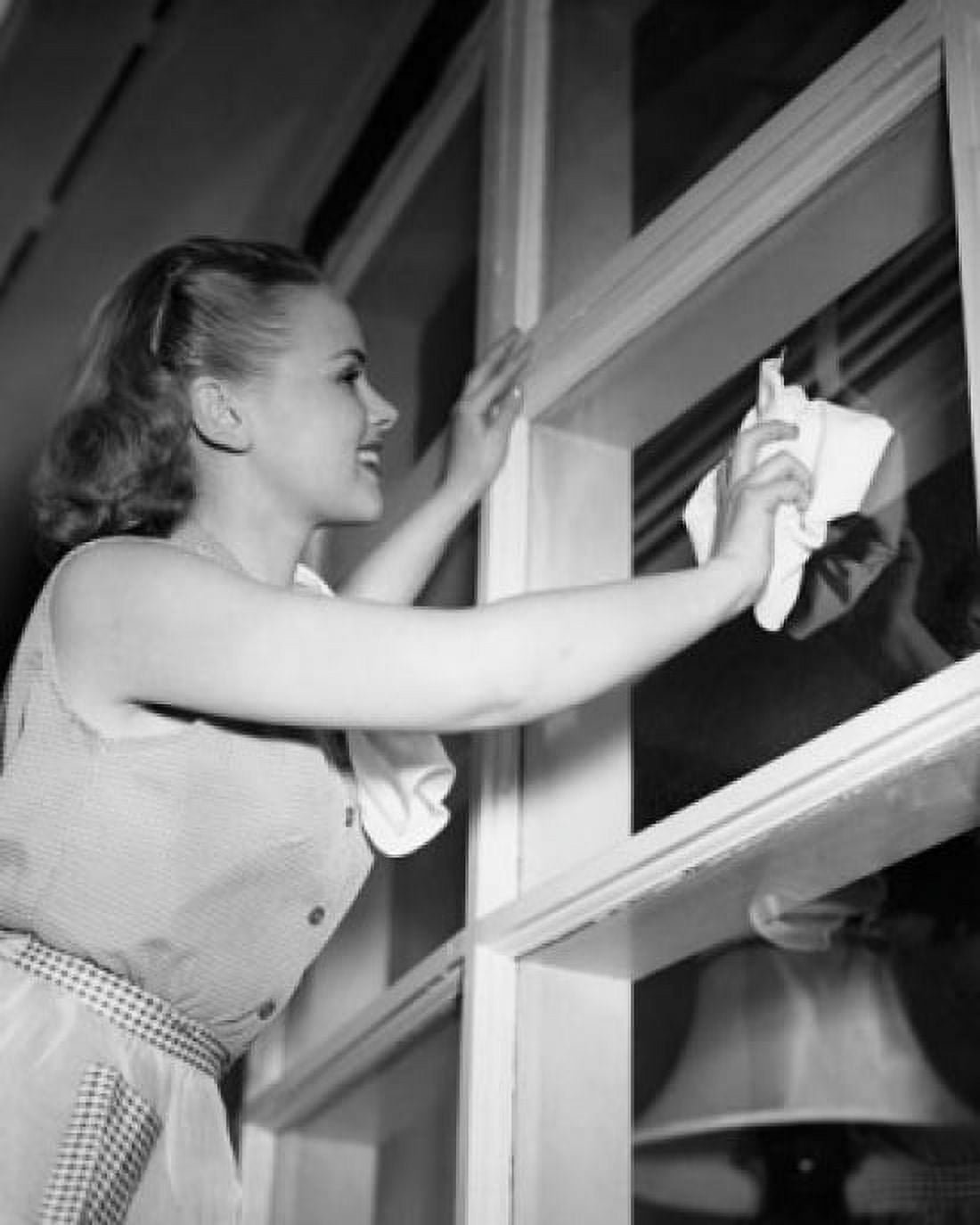 Low angle view of a young woman cleaning a window Canvas Art - (18 x 24)