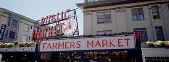 Low angle view of buildings in a market Pike Place Market Seattle Washington State USA Canvas Art - Panoramic Images (36 x 13)