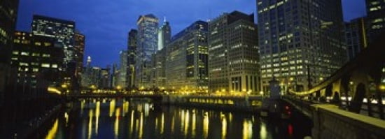Low angle view of buildings lit up at night Chicago River Chicago Illinois USA Canvas Art - Panoramic Images (36 x 13)