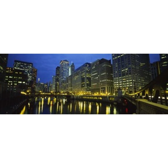 Low angle view of buildings lit up at night Chicago River Chicago Illinois USA Canvas Art - Panoramic Images (36 x 13)