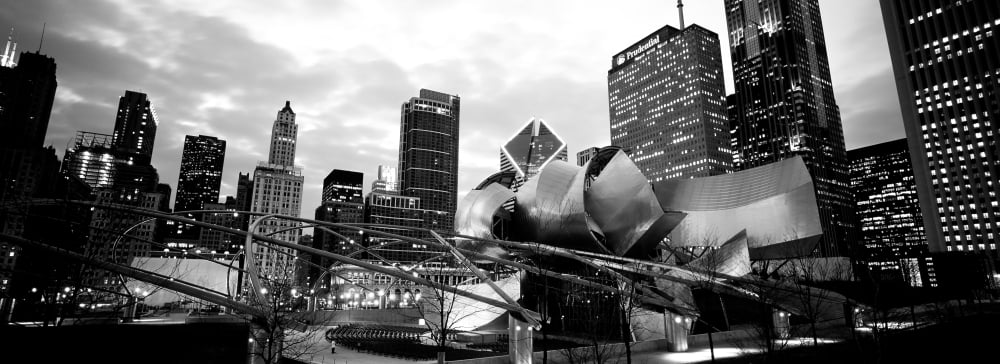 Low angle view of buildings lit up at night Millennium Park Chicago Illinois USA Canvas Art - Panoramic Images (13 x 36)