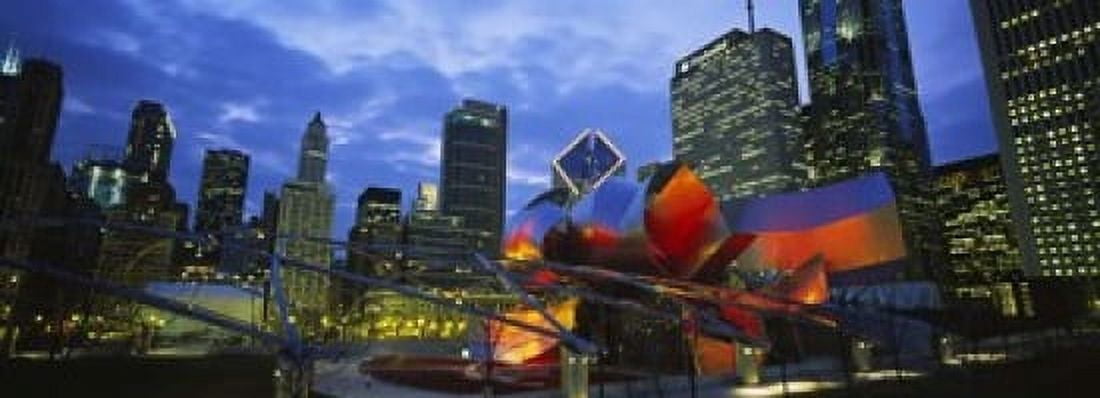 Low angle view of buildings lit up at night Millennium Park Chicago Illinois USA Canvas Art - Panoramic Images (18 x 7)