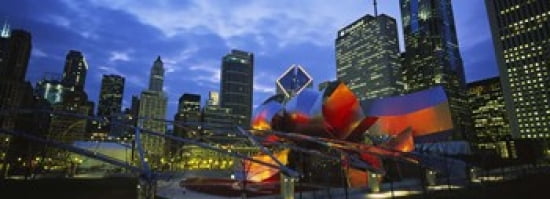 Low angle view of buildings lit up at night Millennium Park Chicago Illinois USA Canvas Art - Panoramic Images (36 x 13)