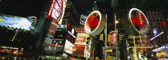 Low angle view of buildings lit up at night Times Square Manhattan New York City New York State USA Canvas Art - Panoramic Images (36 x 13)